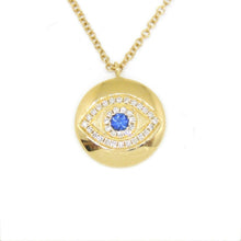 Load image into Gallery viewer, 14k yellow gold 0.17ct diamond sapphire evil eye necklace 18&quot; adjustable chain
