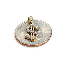 Load image into Gallery viewer, 14k yellow gold tiny dollar sign lucky pendant charm cubic zirconia fine gift 1g
