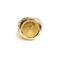 Load image into Gallery viewer, 14K Gold nugget mens coin ring size 10 12g 5 dollars 1/10 oz 22k American eagle
