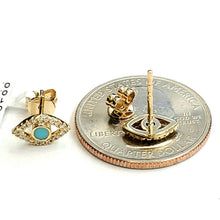 Load image into Gallery viewer, New 14k yellow Gold 0.12Ct Diamond 0.14ct turquoise eye stud Earrings Push Back
