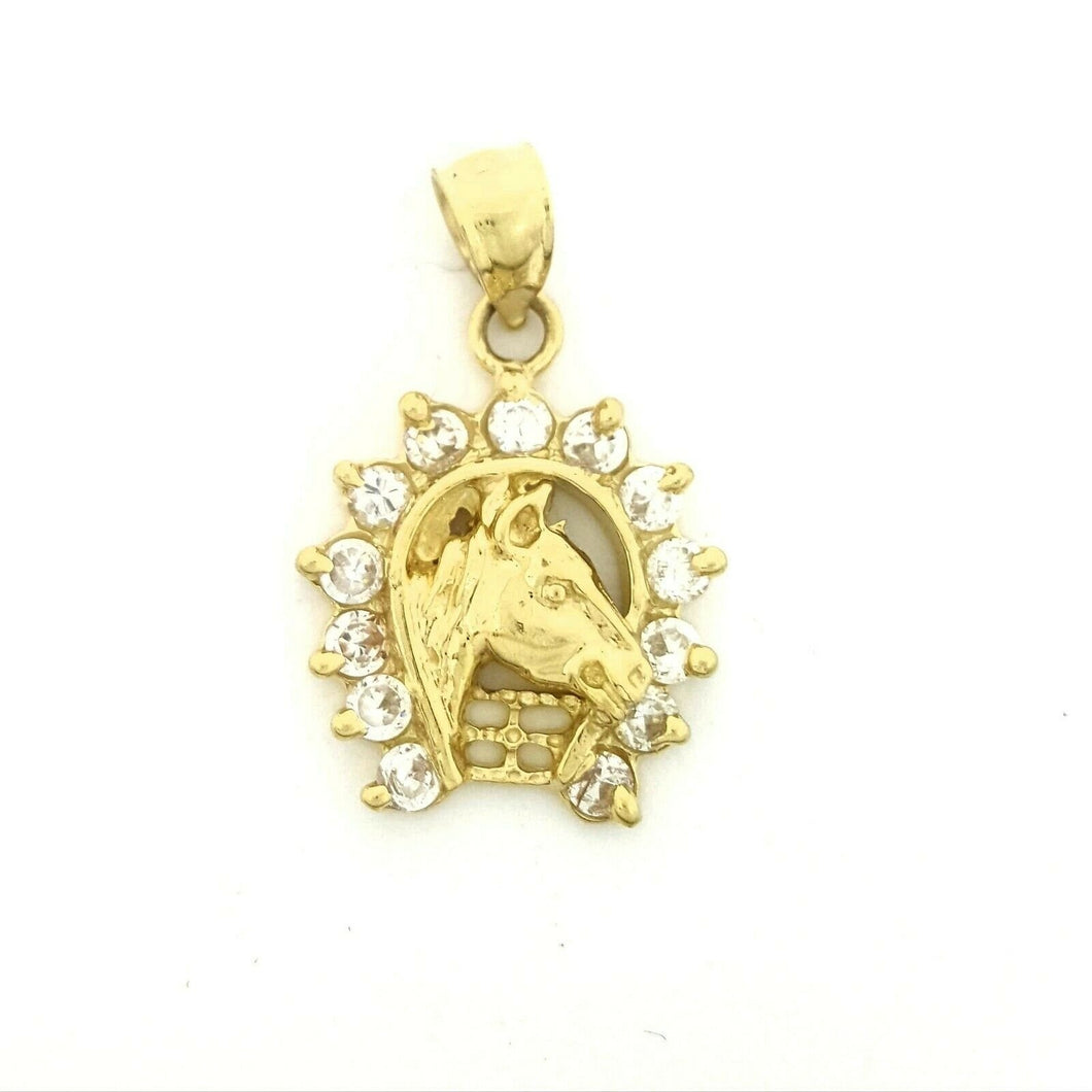 14k yellow Gold horseshoe Pendant zirconia lucky fine gift jewelry unisex 2.4g