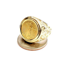 Load image into Gallery viewer, 14K Gold nugget mens coin ring size 10 12g 5 dollars 1/10 oz 22k American eagle
