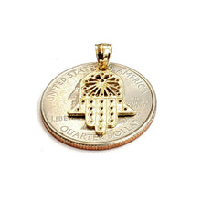Load image into Gallery viewer, New 14k yellow gold khamsa hamsa hand lucky Jewish filigree pendant jewelry 1.2g
