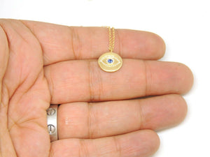 14k yellow gold 0.17ct diamond sapphire evil eye necklace 18" adjustable chain