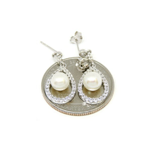 14k White Gold 6mm pearl and zirconia Earring push back hanging fine gift 2.9g