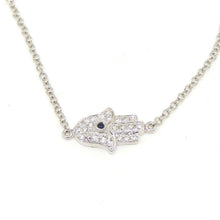 Load image into Gallery viewer, 14k white gold 0.09ct diamond khamsa hand Jewish necklace 18&quot; adjustable chain
