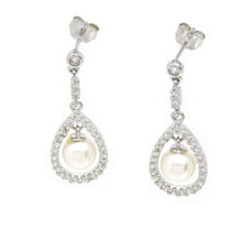 Load image into Gallery viewer, 14k White Gold 6mm pearl and zirconia Earring push back hanging fine gift 2.9g
