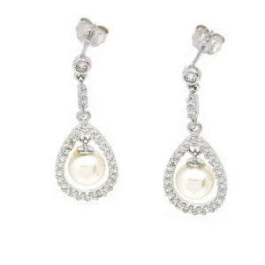 14k White Gold 6mm pearl and zirconia Earring push back hanging fine gift 2.9g