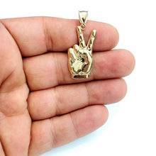 Load image into Gallery viewer, 10k yellow gold victory sign peace hand gesture pendant unisex shiny gift 2g
