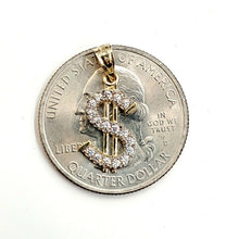 Load image into Gallery viewer, 14k yellow gold tiny dollar sign lucky pendant charm cubic zirconia fine gift 1g
