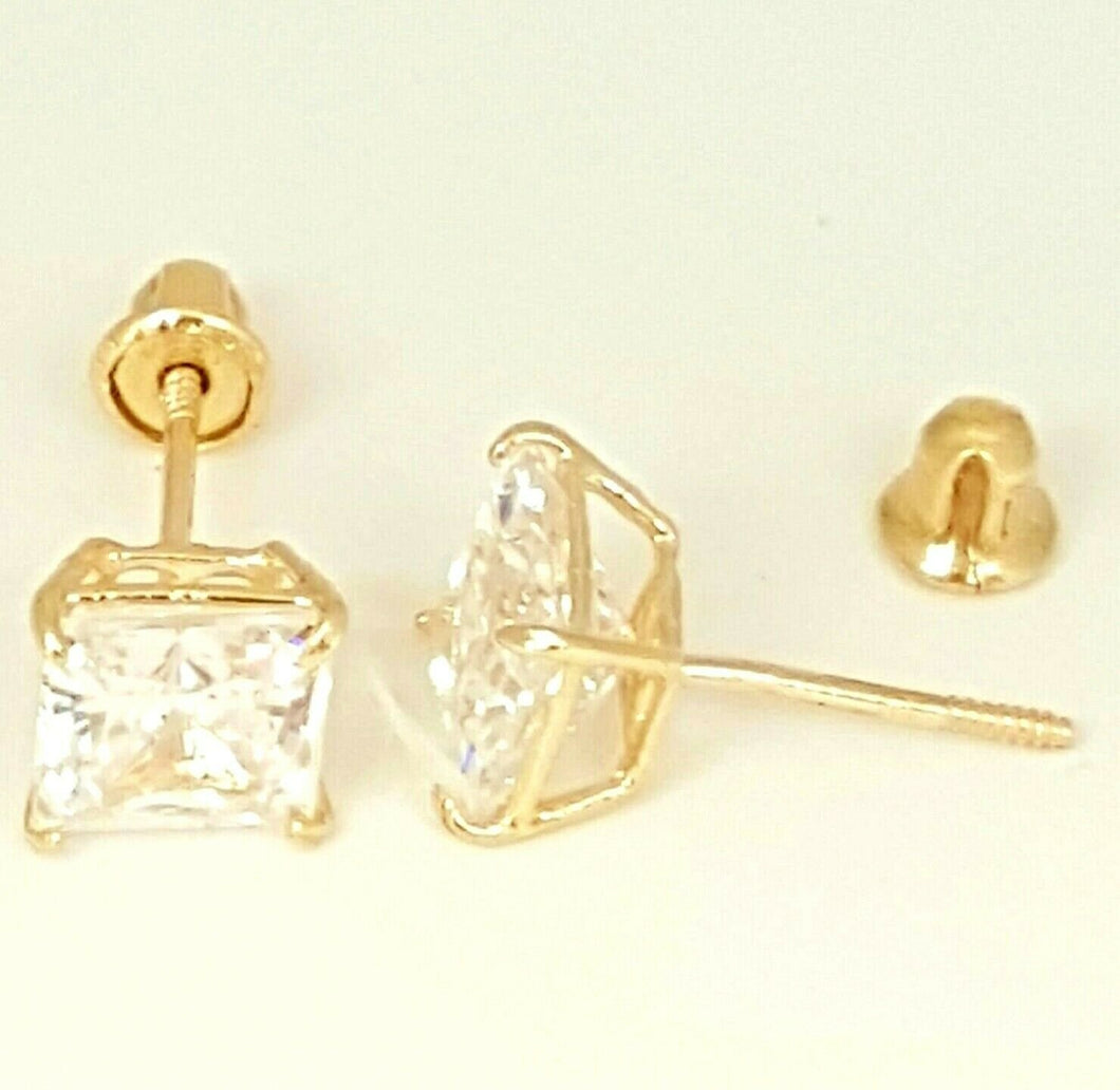 14k yellow Gold 5mm princess Cut stud Earring cubic zirconia screw Back