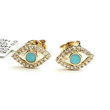 Load image into Gallery viewer, New 14k yellow Gold 0.12Ct Diamond 0.14ct turquoise eye stud Earrings Push Back
