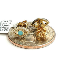 Load image into Gallery viewer, New 14k yellow Gold 0.12Ct Diamond 0.14ct turquoise eye stud Earrings Push Back
