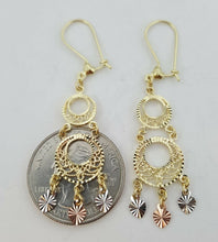 Load image into Gallery viewer, 14k tri color Gold filigree gypsy chandelier hanging earrings 2 inches 3.6 grams
