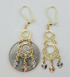 14k tri color Gold filigree gypsy chandelier hanging earrings 2 inches 3.6 grams