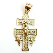 Load image into Gallery viewer, 10k Yellow gold Caravaca double cross with angel crucifix Jesus pendant 3.7g
