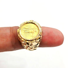 Load image into Gallery viewer, 14K Gold nugget coin ring size 10.5 14.4g 5 dollar 1/10 oz 22k American Eagle
