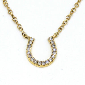 14k yellow Gold 0.06Ct Diamond horseshoe necklace gift luck 18" adjustable chain