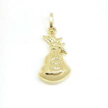 Load image into Gallery viewer, 14k yellow gold 3D hollow dollar sign money bag lucky pendant charm gift 1.4g
