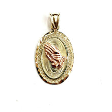 Load image into Gallery viewer, 10k two tone gold oval praying hands pendant charm diamond cut fine jewelry 1.8g
