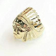 Load image into Gallery viewer, 10k yellow gold native american Indian chief head men&#39;s Ring diamond cut Size 10
