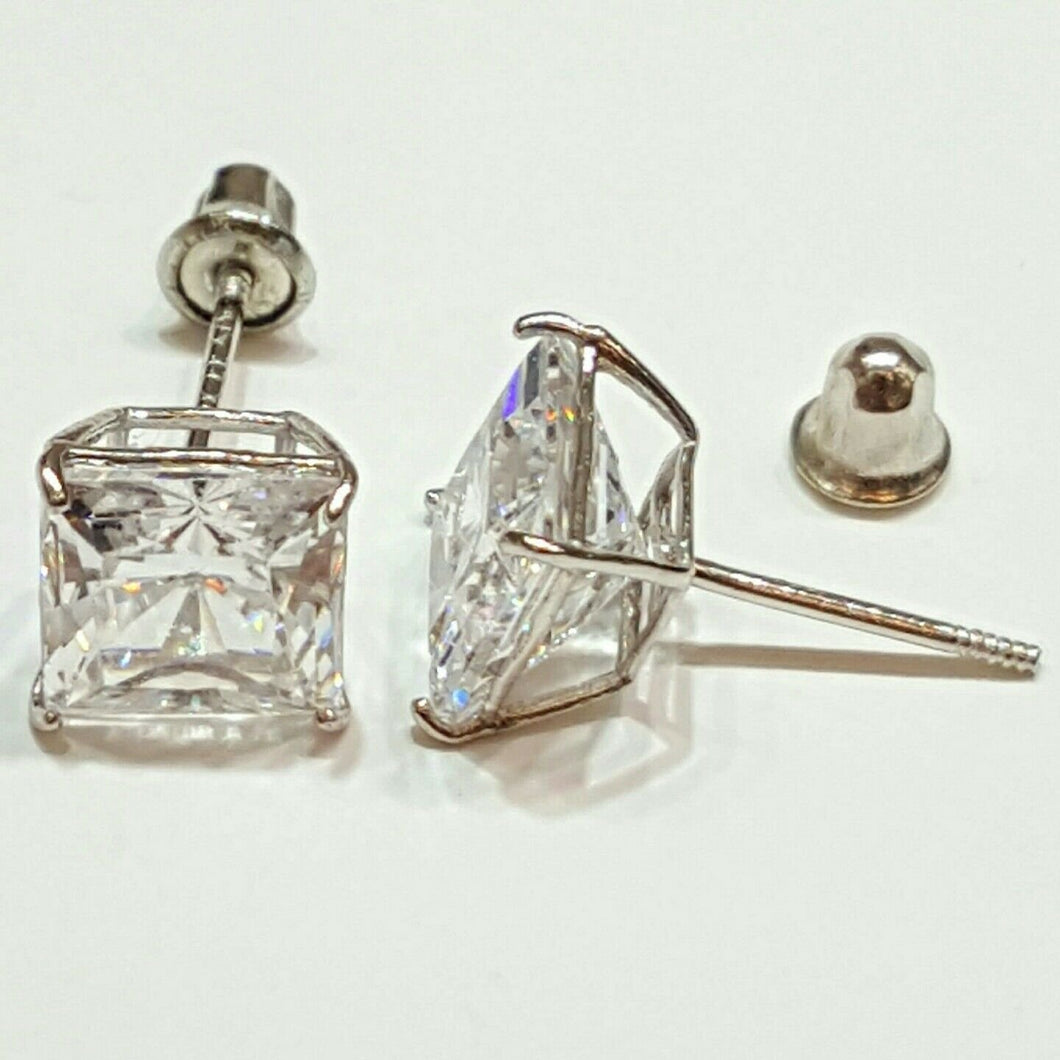 14k white Gold 6mm princess Cut stud Earring with cubic zirconia screw Back