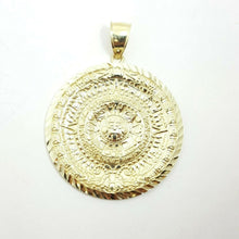 Load image into Gallery viewer, 10k yellow Gold Aztec Mayan sun calendar azteca pendant gift jewelry 1.67" 11.2g

