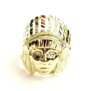 10k yellow gold native American Indian chief head mens Ring diamond cut Size 9.5