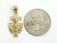 Load image into Gallery viewer, New 10k Yellow gold Caravaca double cross with angel crucifix Jesus pendant 1.6g
