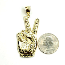 Load image into Gallery viewer, 10k yellow gold victory sign peace hand gesture pendant unisex diamond cut 4.9g
