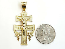 Load image into Gallery viewer, New 10k Yellow gold Caravaca double cross with angel crucifix Jesus pendant 6.3g
