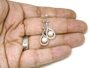 14k White Gold 6mm pearl and zirconia Earring push back hanging fine gift 2.9g