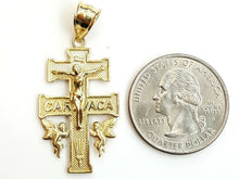 Load image into Gallery viewer, 10k Yellow gold Caravaca double cross with angel crucifix Jesus pendant 3.7g
