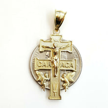Load image into Gallery viewer, 10k Yellow gold Caravaca double cross with angel crucifix Jesus pendant 3.7g
