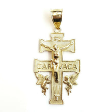 Load image into Gallery viewer, New 10k Yellow gold Caravaca double cross with angel crucifix Jesus pendant 6.3g

