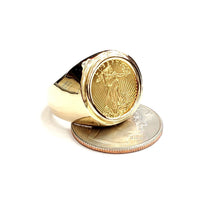 Load image into Gallery viewer, 14K Gold plain men&#39;s coin ring size 10 13.5g 5 dollars 1/10 oz 22k American eagle

