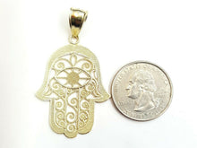 Load image into Gallery viewer, New 10k yellow gold khamsa hamsa hand lucky Jewish filigree pendant jewelry 3.8g

