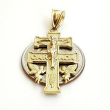 Load image into Gallery viewer, 10k Yellow gold Caravaca double cross with angel crucifix Jesus pendant 3.7g
