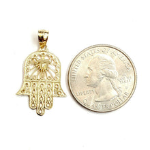 Load image into Gallery viewer, 14k yellow gold khamsa Hay hamsa hand lucky Jewish filigree pendant jewelry 1.7g
