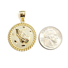 Load image into Gallery viewer, 10k yellow gold round praying hands pendant charm fine gift jewelry 1.18" 6g

